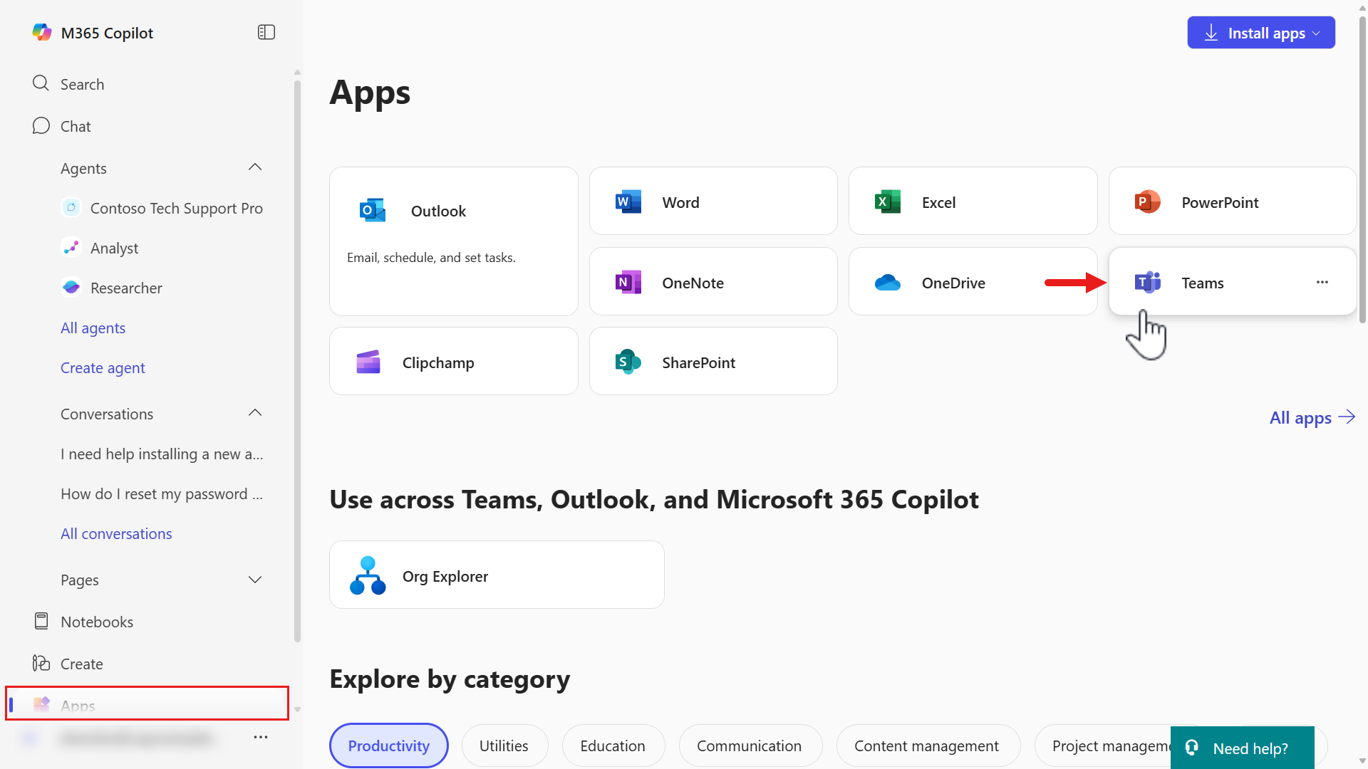 Select Teams in Apps