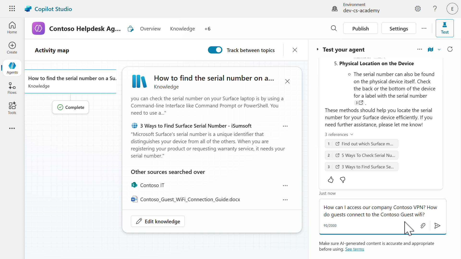 Test SharePoint and document knowledge sources