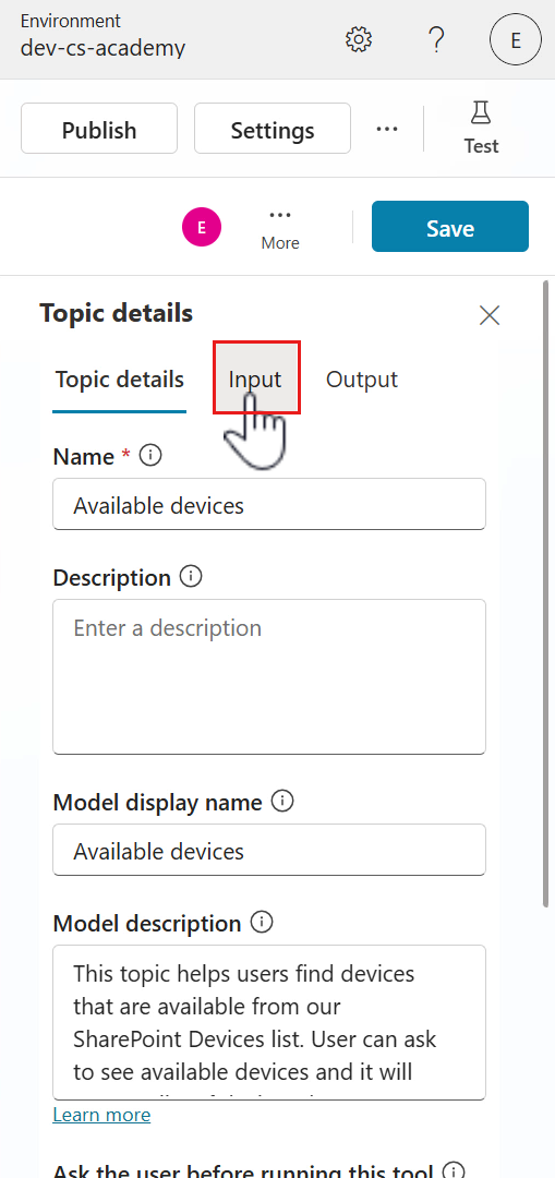 Input tab