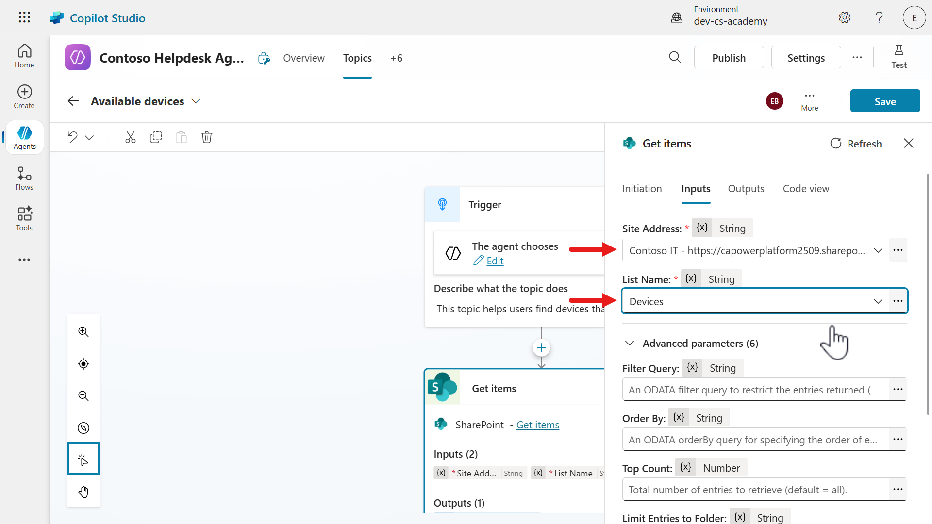Configure Get items inputs
