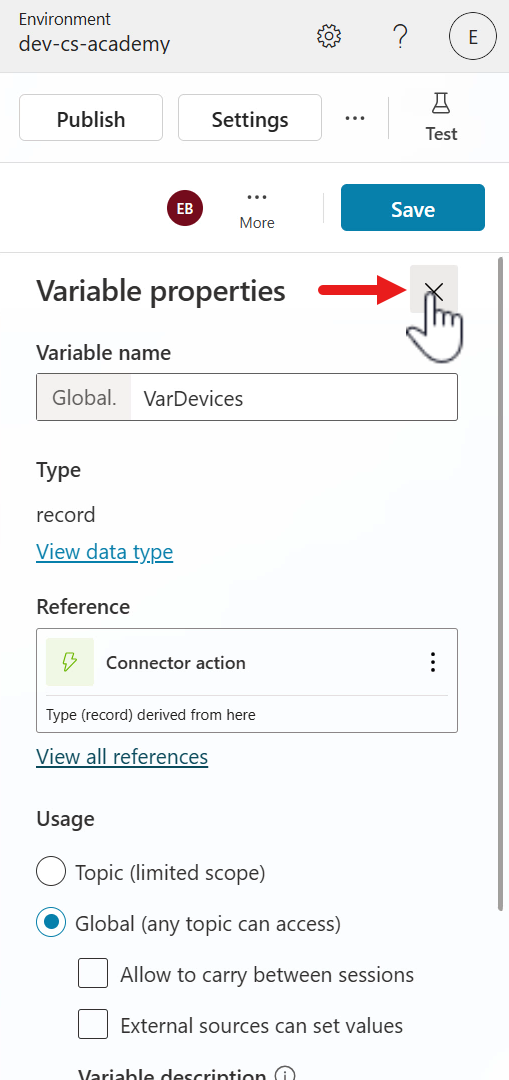 Close Variable properties pane