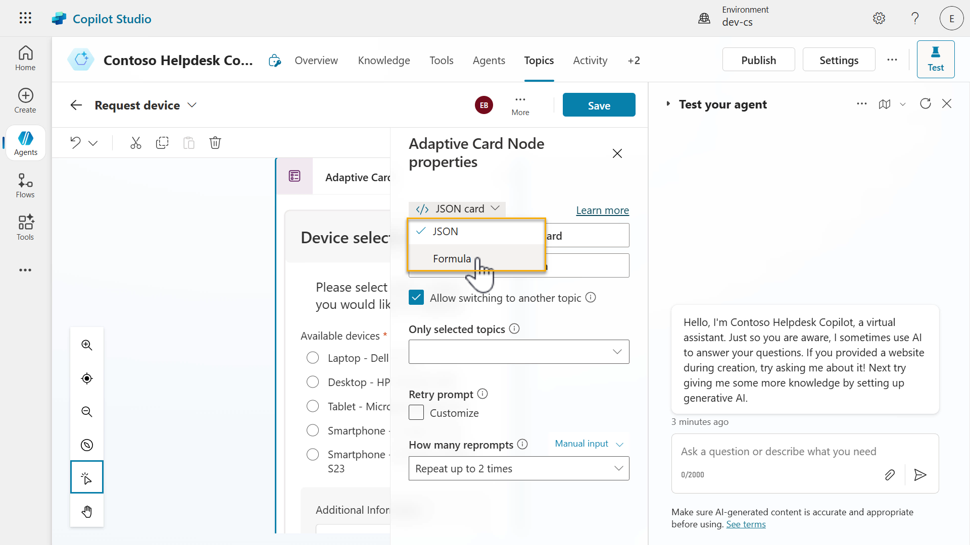 Adaptive card node properties