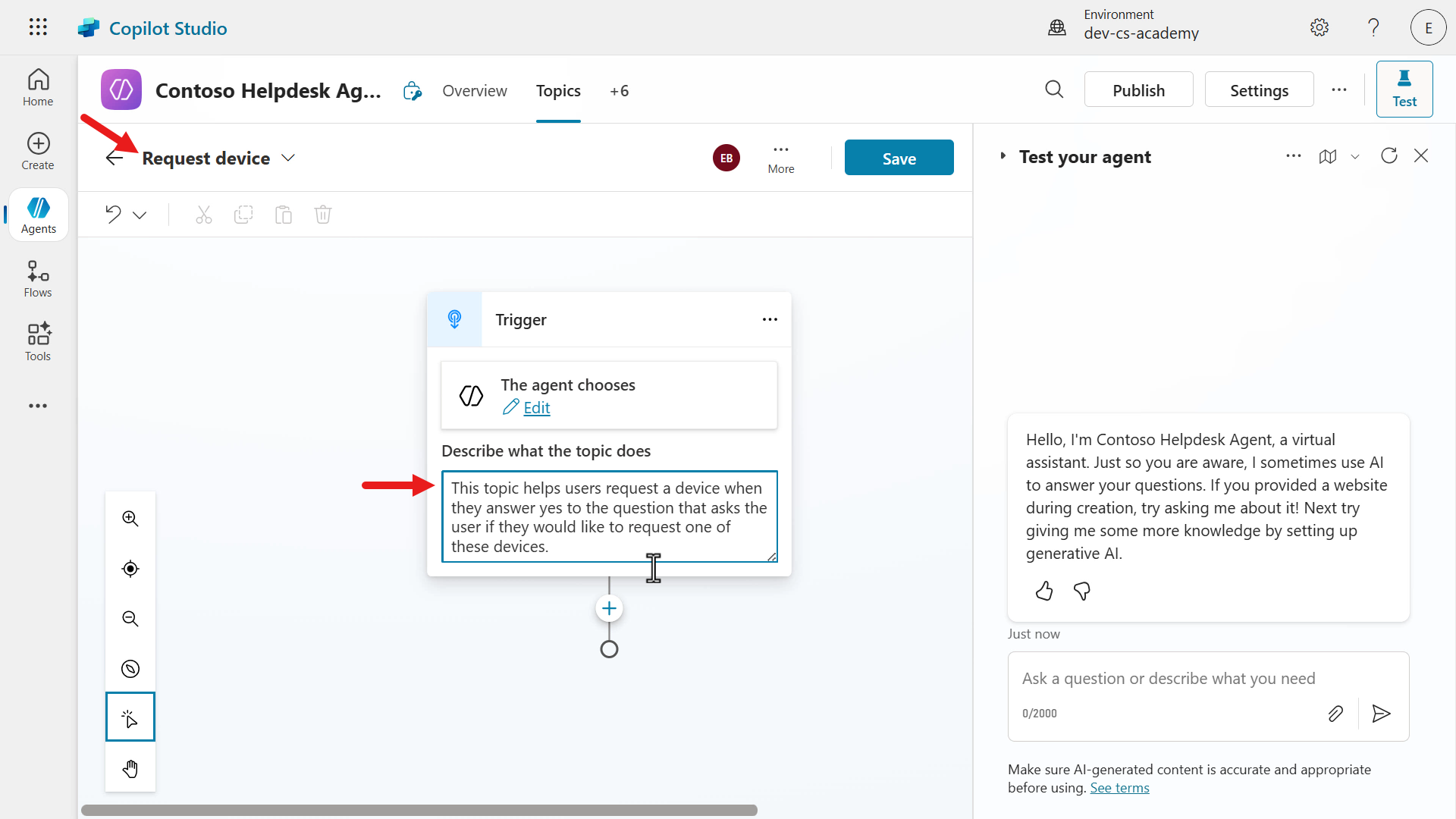 Topic Name and trigger Description