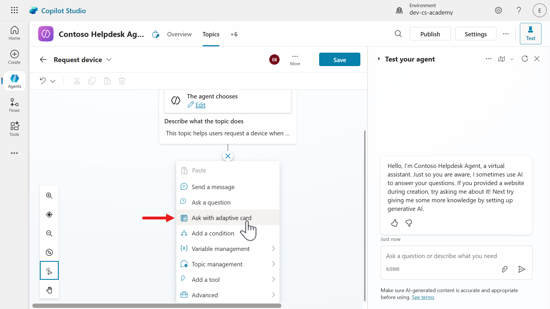 Select Ask with adaptive card node
