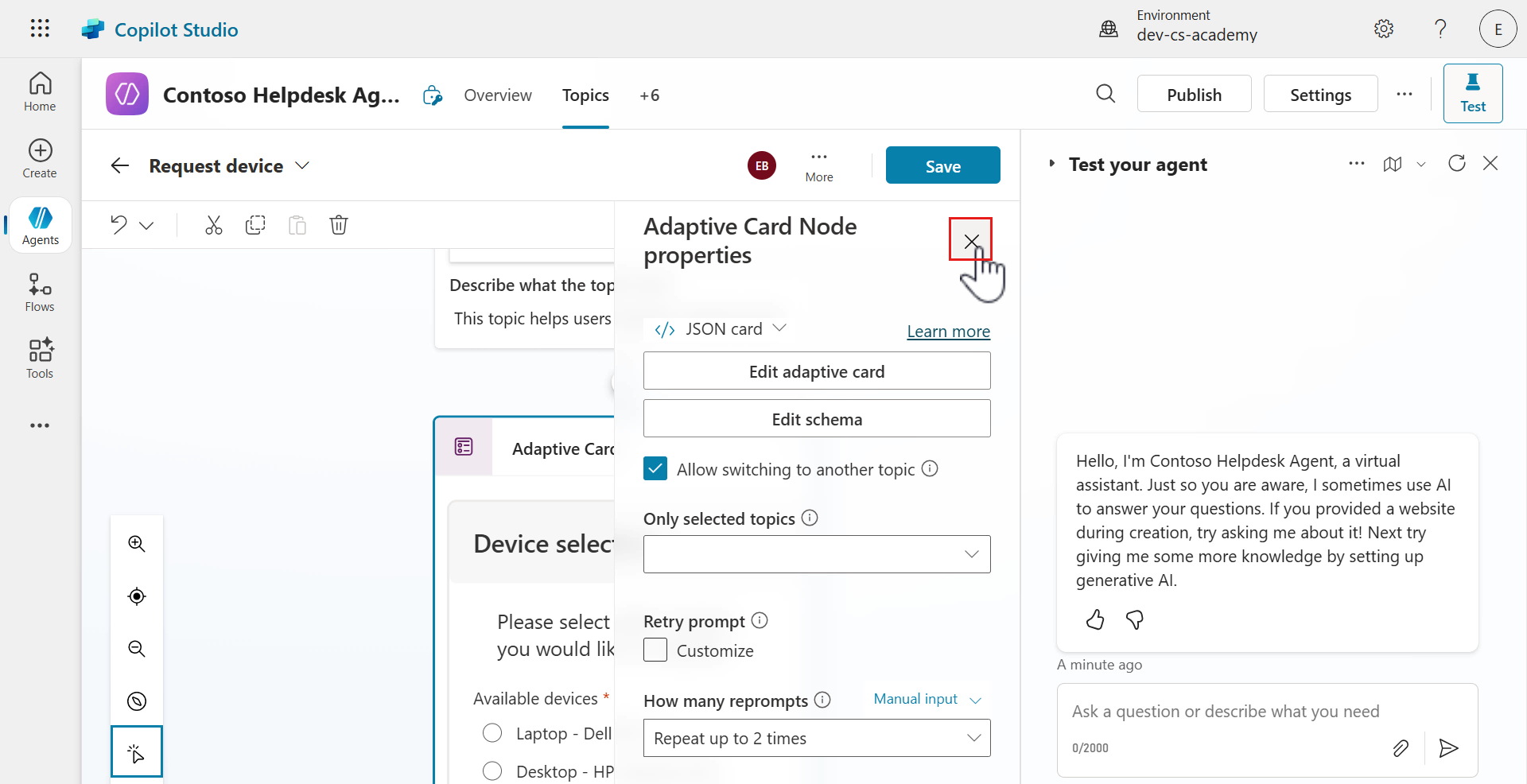Close Adaptive Card Node properties panel