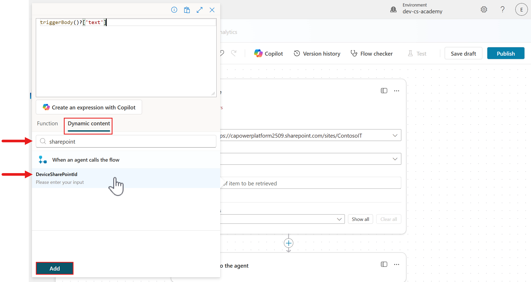 Select DeviceSharePointId input