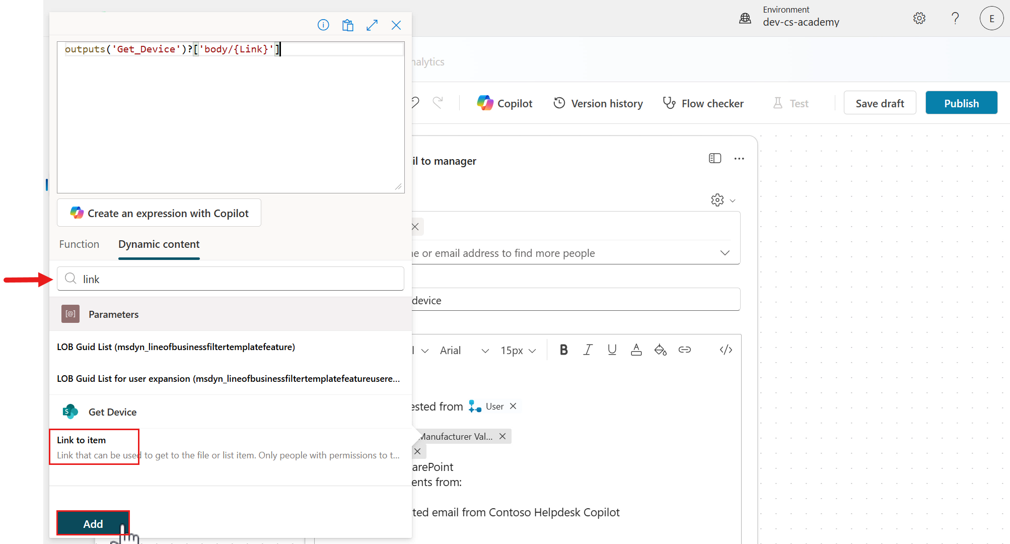Add Link to item as dynamic content