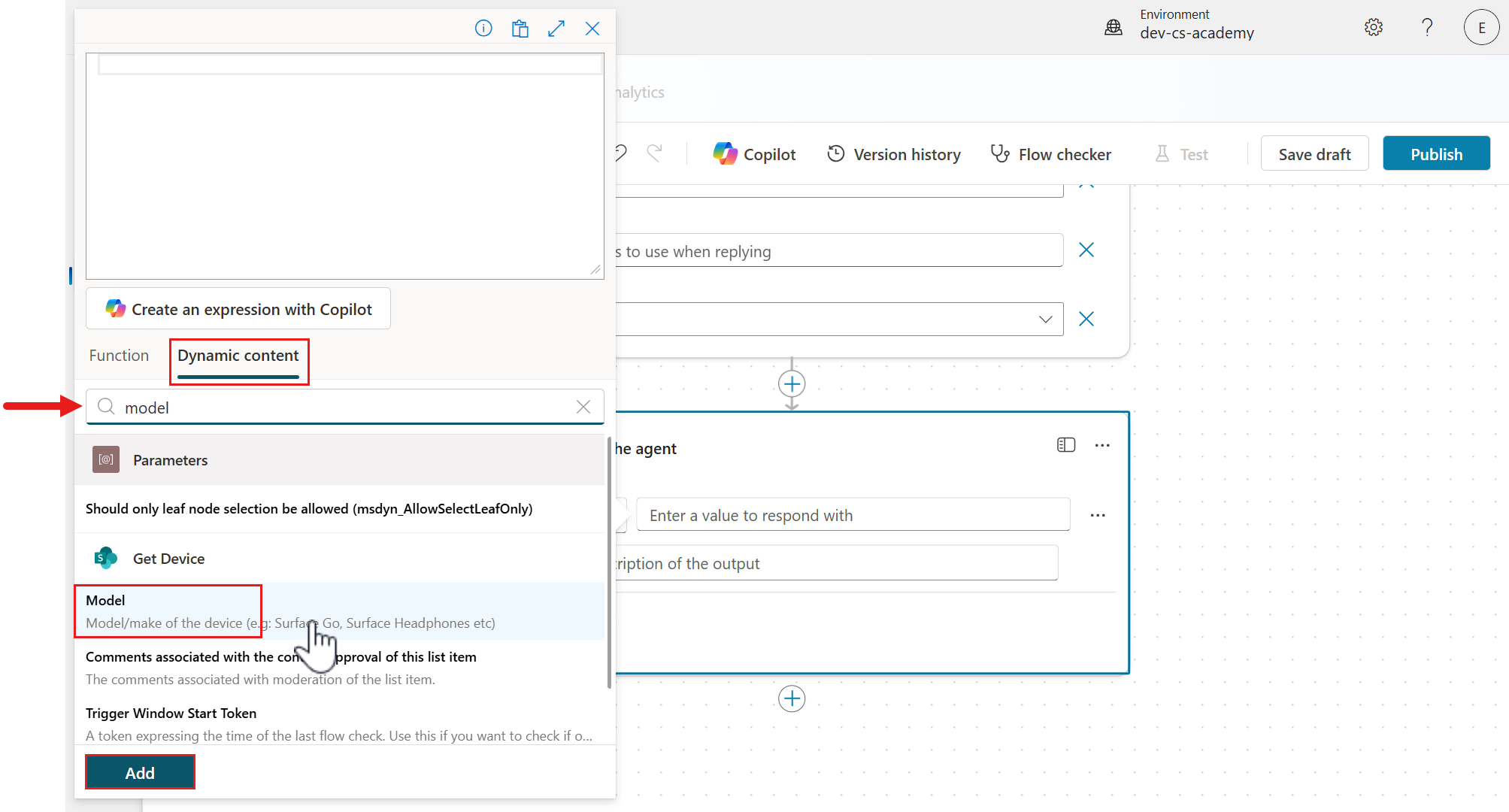 Add Model parameter as dynamic content