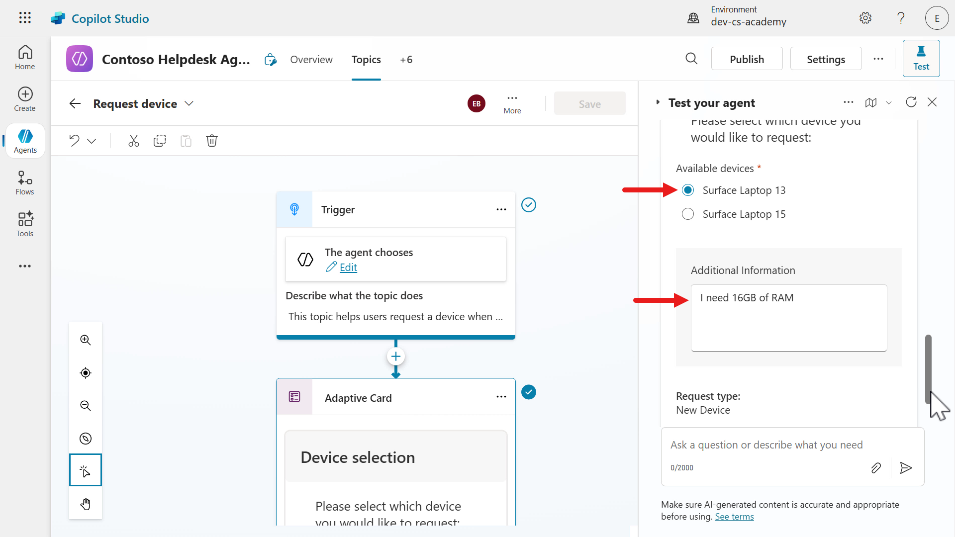 Select device and enter comment