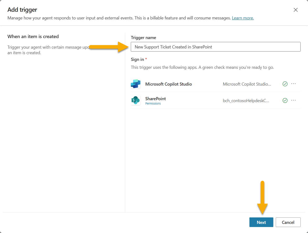 Configure trigger name and connections